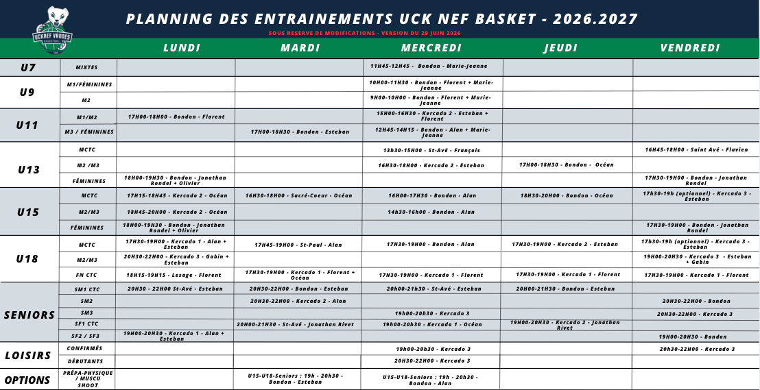 Planning des entrainements